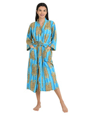 Cotton Kimono House Robe Indian Handprinted Strips Cheetah Print Pattern | Lightweight Summer Luxury Beach Holidays Yacht Cover Up Stunning Dress