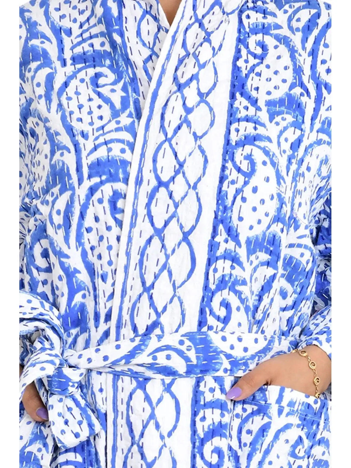 Kantha Stitch 100% Cotton Reversible Long Kimono Women Jacket | Handmade Stitch Robe | Unisex Gift | White Blue Leaf Print