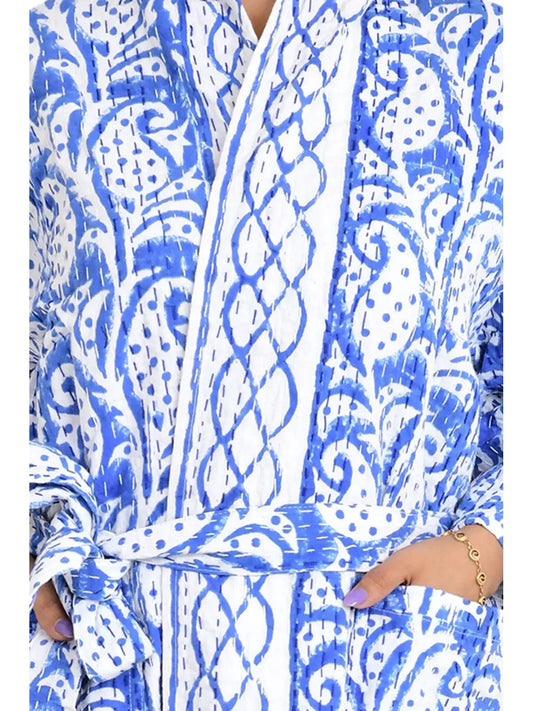 Kantha Stitch 100% Coton Réversible Long Kimono Veste Femme | Robe de point faite à la main | Cadeau unisexe | Imprimé Feuille Bleu Blanc