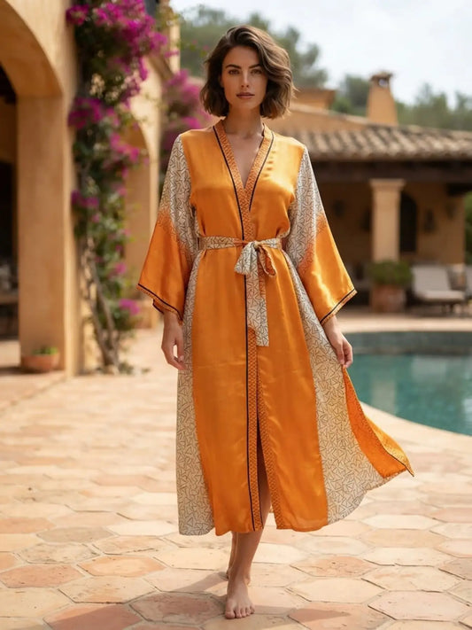 Upcycle Boho Silk Long Women kimono, Boho Chic Robe House Beach Cover Up Vintage Bridesmaid Lounge Dressing Gown Resort Wear Gypsy Nightwear