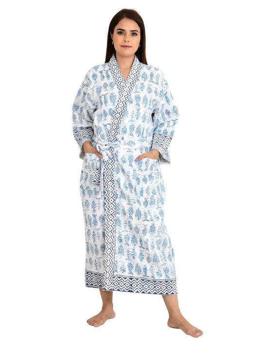 Kantha Stitch 100% Coton Réversible Long Kimono Veste Femme | Robe de point faite à la main | Cadeau unisexe | Imprimé Poisson Bleu Blanc