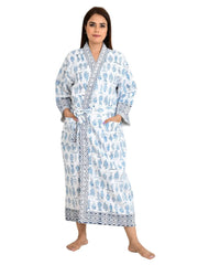 Kantha Stitch 100% Cotton Reversible Long Kimono Women Jacket | Handmade Stitch Robe | Unisex Gift | White Blue Fish Print