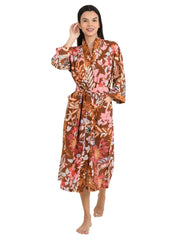 Boho Cotton Kimono House Robe Indian Handprinted Leaf Floral Print Pattern | Lightweight Summer Luxury Beach Holidays Yacht Cover Up Stunning Dress
