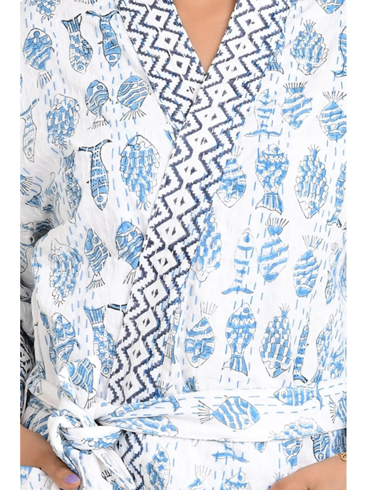 Kantha Stitch 100% Cotton Reversible Long Kimono Women Jacket | Handmade Stitch Robe | Unisex Gift | White Blue Fish Print