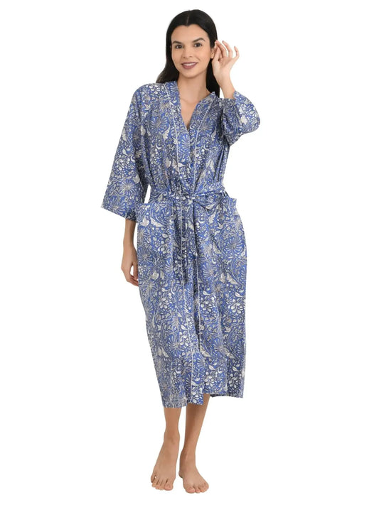 Boho-Kimono aus Baumwolle, Hausmantel, indisches handbedrucktes Schmetterlings-Blumenmuster, leichtes Sommer-Luxus-Strandurlaubs-Yacht-Cover-Up, atemberaubendes Kleid