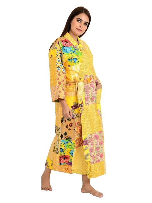 Kantha Stitch 100% Coton Réversible Long Kimono Veste Femme | Robe de point faite à la main | Cadeau unisexe | Imprimé patchwork jaune