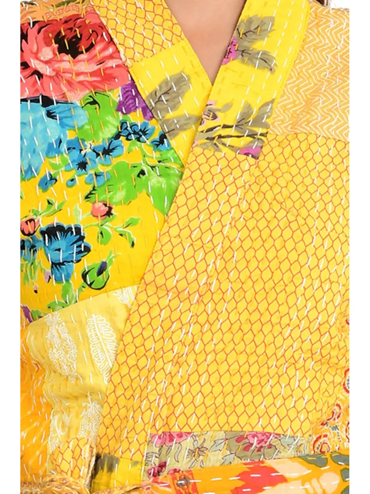 Kantha Stitch 100% Cotton Reversible Long Kimono Women Jacket | Handmade Stitch Robe | Unisex Gift | Yellow Patchwork Print