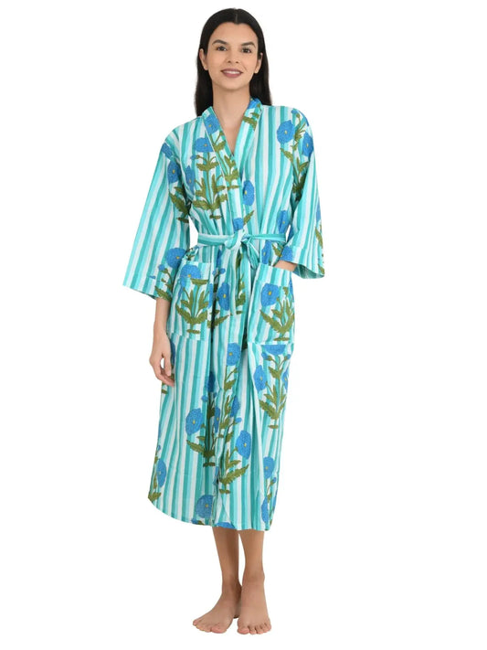 Boho-Kimono aus Baumwolle, Hausmantel, indisches handbedrucktes Blumenmuster, leichtes Sommer-Luxus-Strandurlaubs-Yacht-Cover-Up, atemberaubendes Kleid