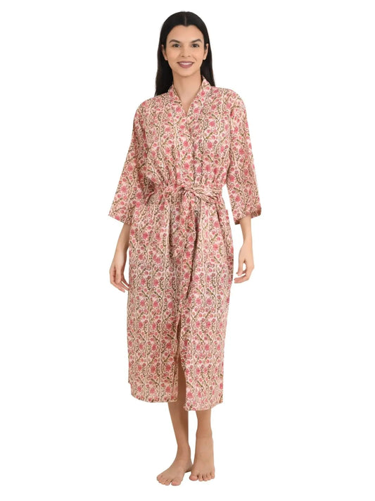 Boho Cotton Kimono House Robe Indien imprimé à la main Motif imprimé floral | Le yacht léger de vacances de plage de luxe d'été couvre la superbe robe