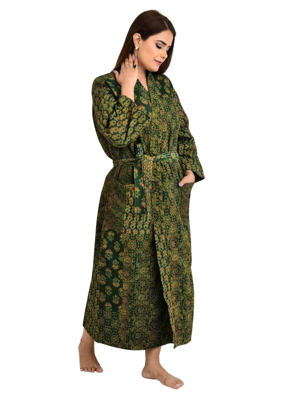 Kantha Stitch 100% Cotton Reversible Long Kimono Women Jacket | Handmade Stitch Robe | Unisex Gift | Red Orange Yellow Ajrakh Print