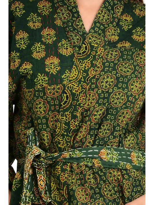 Kantha Stitch 100% Coton Réversible Long Kimono Veste Femme | Robe de point faite à la main | Cadeau unisexe | Impression Ajrakh Rouge Orange Jaune