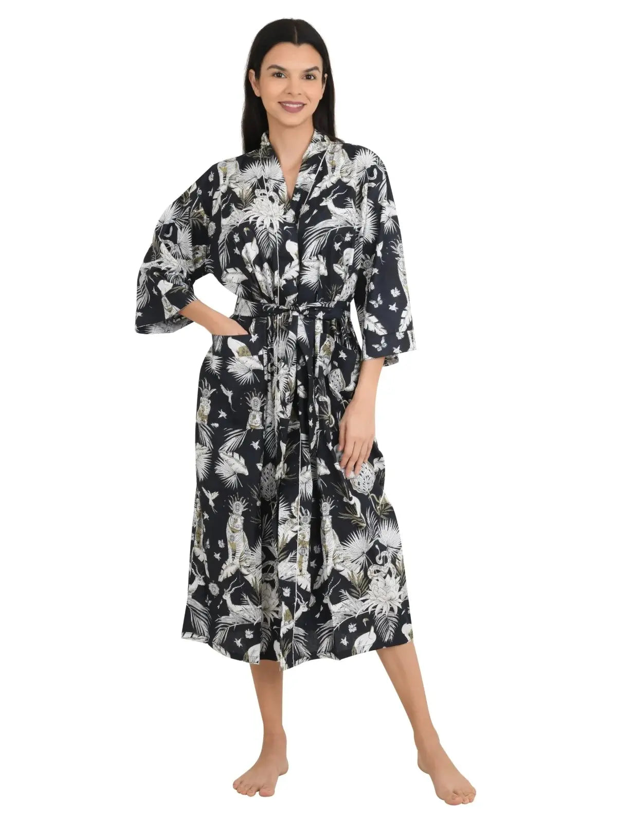 Boho Cotton Kimono House Robe Indian Handprinted Jungle Print Pattern | Lightweight Summer Luxury Beach Holidays Yacht Cover Up Stunning Dress