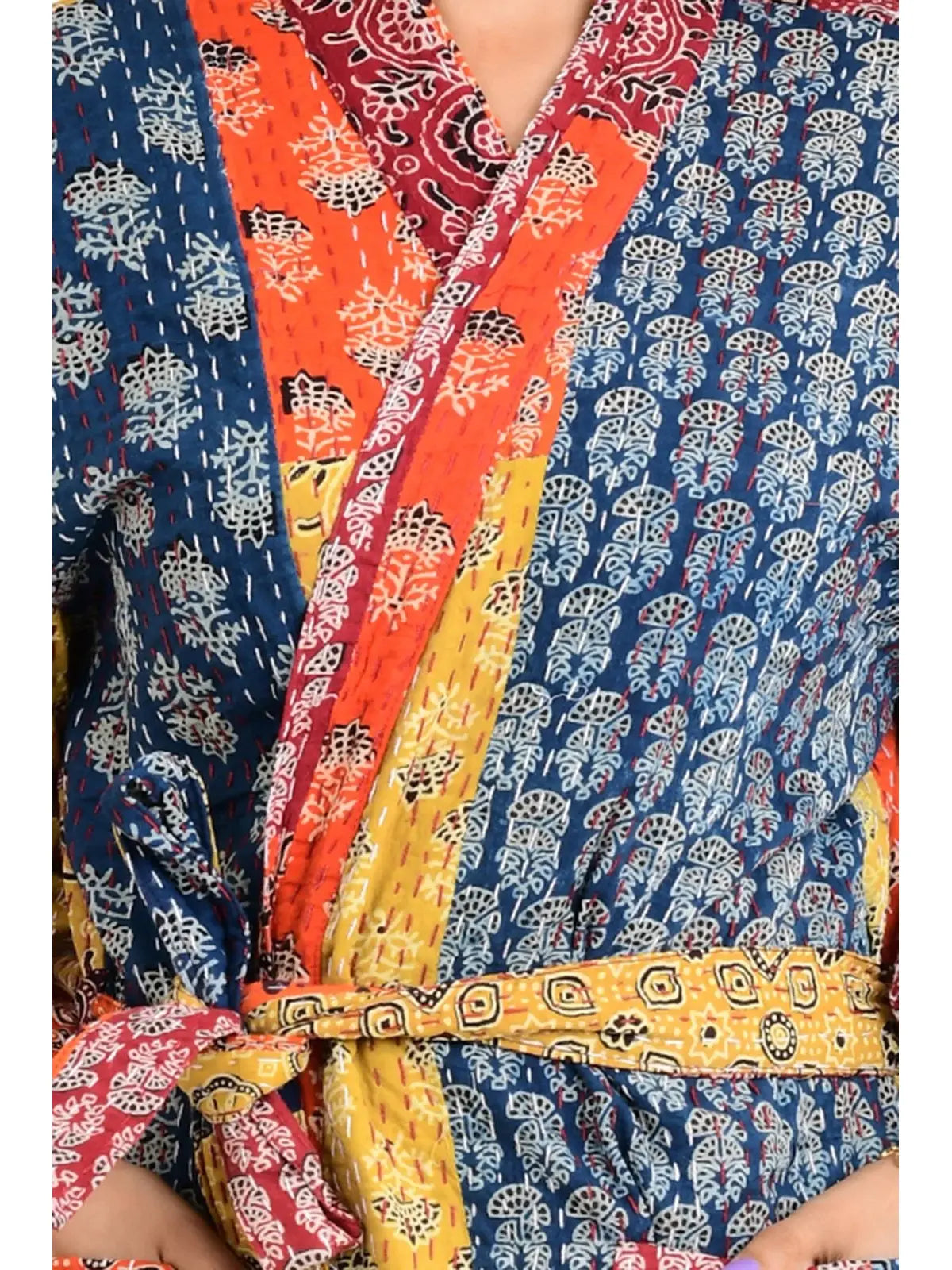 Kantha Stitch 100% Cotton Reversible Long Kimono Women Jacket | Handmade Stitch Robe | Unisex Gift | Red Orange Yellow Ajrakh Print