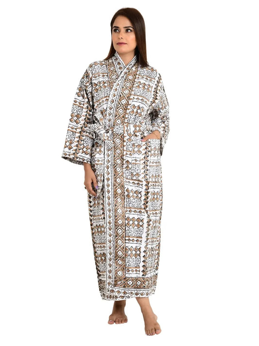 Kantha-Stich, 100 % Baumwolle, wendbar, langer Kimono für Damen | Handgemachter Maschenmantel | Unisex-Geschenk | Weiß-braunes geometrisches Muster