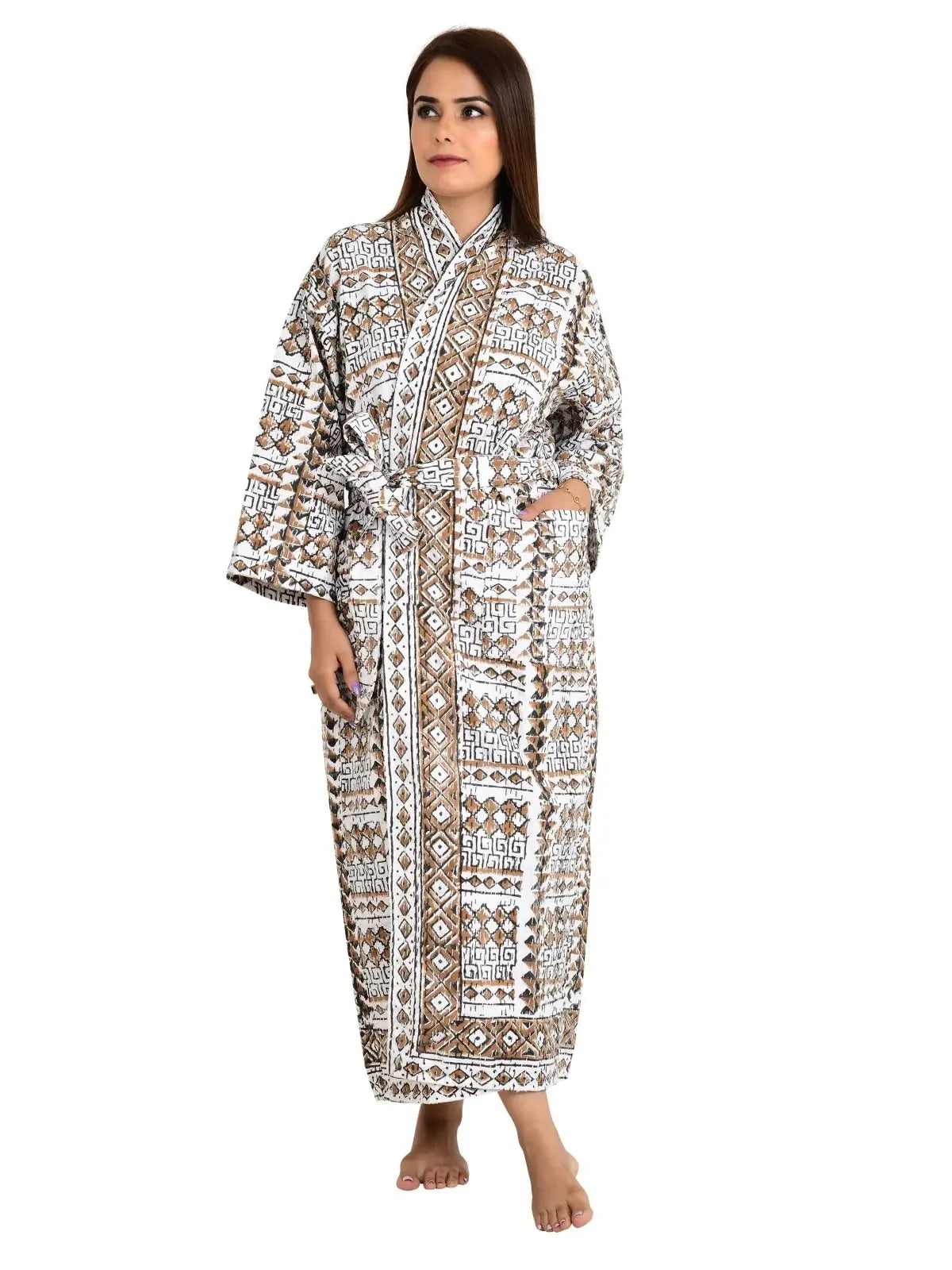 Kantha Stitch 100% Cotton Reversible Long Kimono Women Jacket | Handmade Stitch Robe | Unisex Gift | White Brown Geometric Pattern