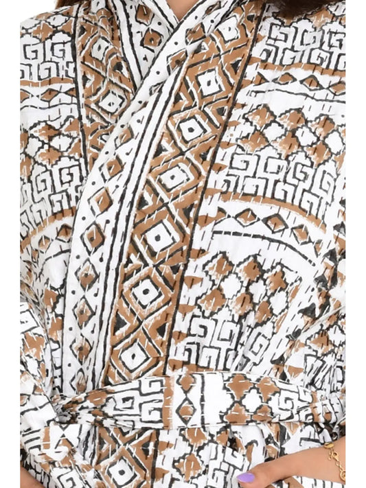 Kantha-Stich, 100 % Baumwolle, wendbar, langer Kimono für Damen | Handgemachter Maschenmantel | Unisex-Geschenk | Weiß-braunes geometrisches Muster