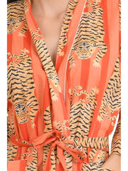 Boho Cotton Kimono House Robe Indian Handprinted Strips Cheetah  Pattern | Lightweight Summer Luxury Beach Holidays Yacht Cover Up Stunning Dress