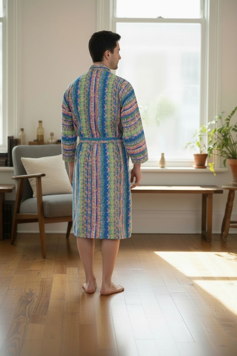 Men's Silk Kimono Robe in pink green geometric