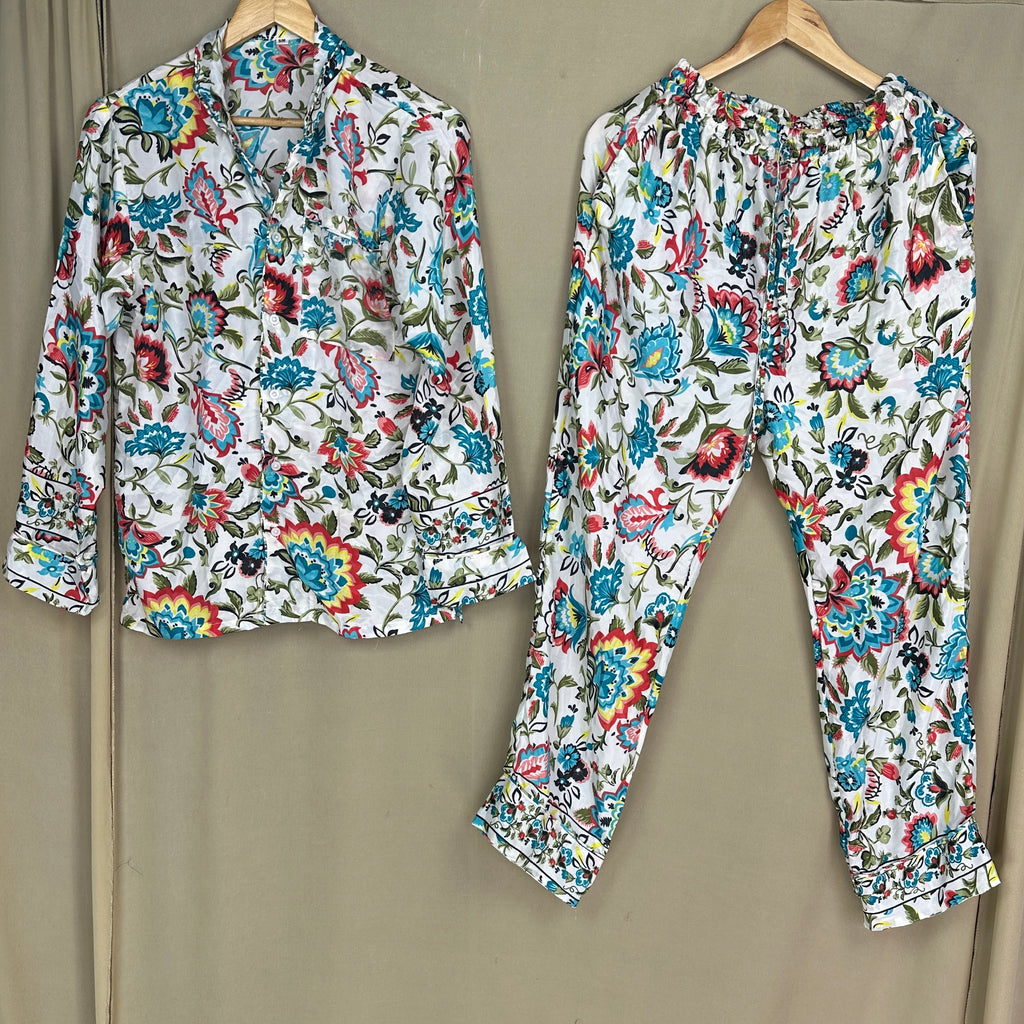 Silk Blend Pajama Set in white floral