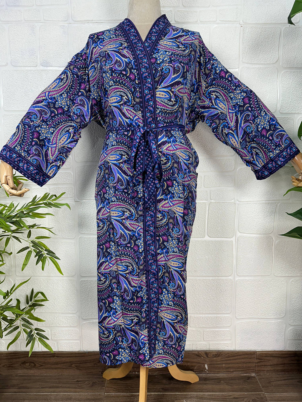 Silk Blend Kimono Robe: Floral Print Long Dressing Gown