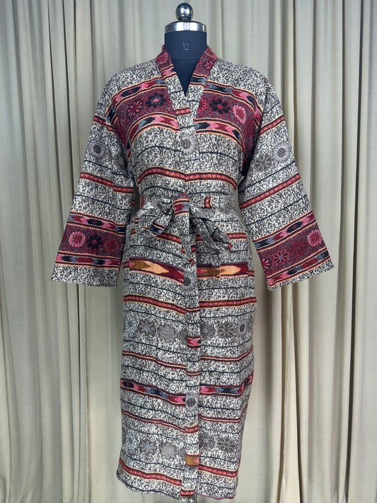 Yak Wool Blend Women Kimono Robe | Cozy Warm Winter Romance Loungewear, Beige Stripe Cardigan House Coat with Pockets, Quirky Christmas Gift