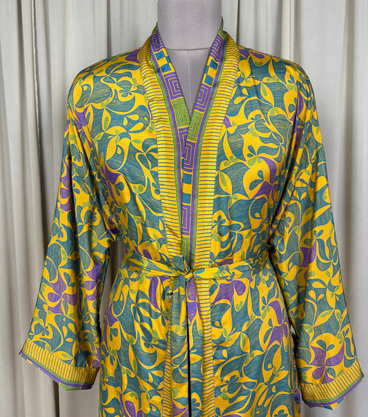 Recycle Silk Sari Women Kimono | Boho Chic Beach Cover Up Vintage Lounge Dressing Robe | Resort Wear Regal Gypsy House Robe, Yellow Floral