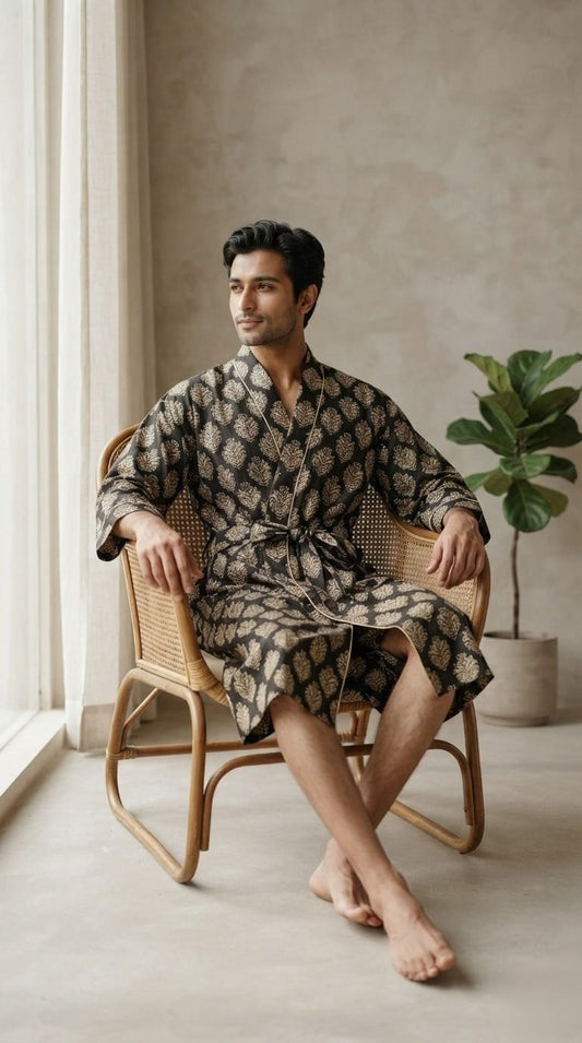 Mens Kimono Robe Cotton Handblock Dress, Indian Printed Man House Robe, Boho Beach Coverup Dressing Gown Lightweight Loungewear Gift For Him