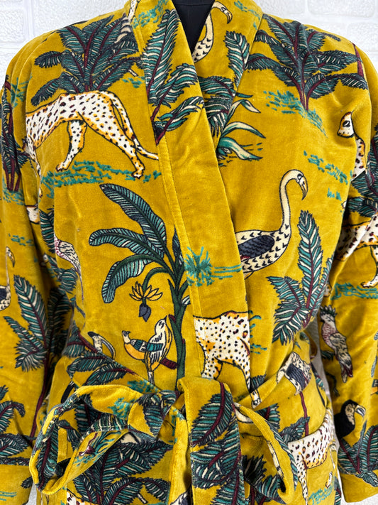 Velvet Kimono Robe: Reversible Silk Lined, Highland Yellow Safari Print