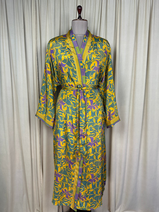 Recycle Silk Sari Women Kimono | Boho Chic Beach Cover Up Vintage Lounge Dressing Robe | Resort Wear Regal Gypsy House Robe, Yellow Floral