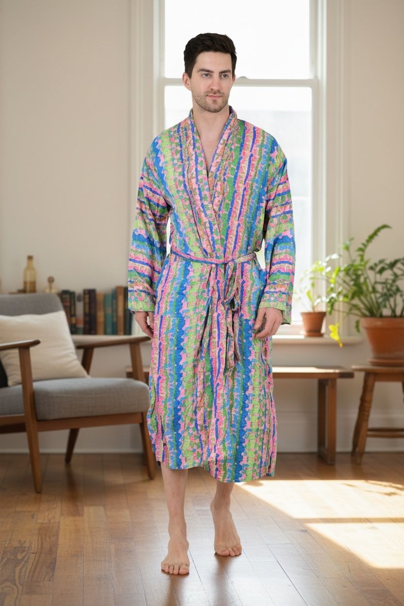 Men's Silk Kimono Robe in pink green geometric