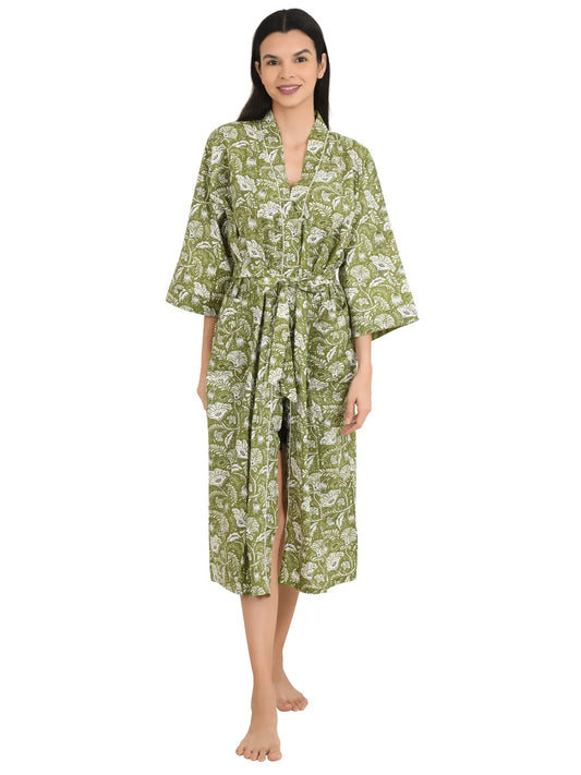 Pur coton Kimono indien imprimé à la main Boho House Robe Robe d’été | Imprimé floral blanc vert | Vêtements de couverture de plage | Cadeau de Noël