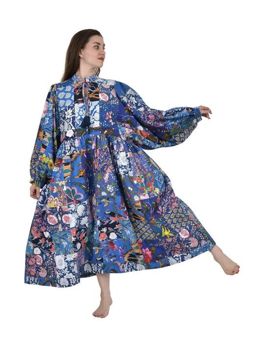 ASSORTIS - TEINTES BLEUES | Robe en coton patchwork cousue à la main | Cadeau de Noël d’anniversaire parfait pour sa sœur mère |