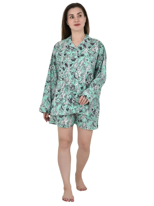 Pyjama-Set aus Baumwollshorts mit Blumenmuster, luxuriöser handbedruckter indischer Blockdruck, reine Baumwolle, Schlafanzug-Loungewear für Frühling und Sommer, langärmliges Oberteil