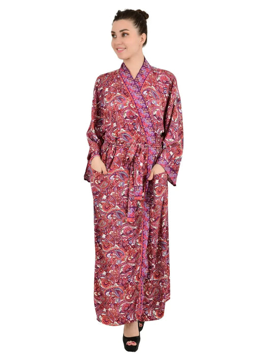 Bohemian New Silk Sari Kimono Women Regal House Beach Robe | Red White Paisley Floral Luxury Anniversary Birthday Gift For Her