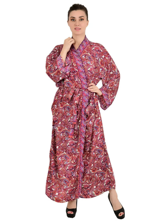 Bohemian New Silk Sari Kimono Women Regal House Beach Robe | Red White Paisley Floral Luxury Anniversary Birthday Gift For Her