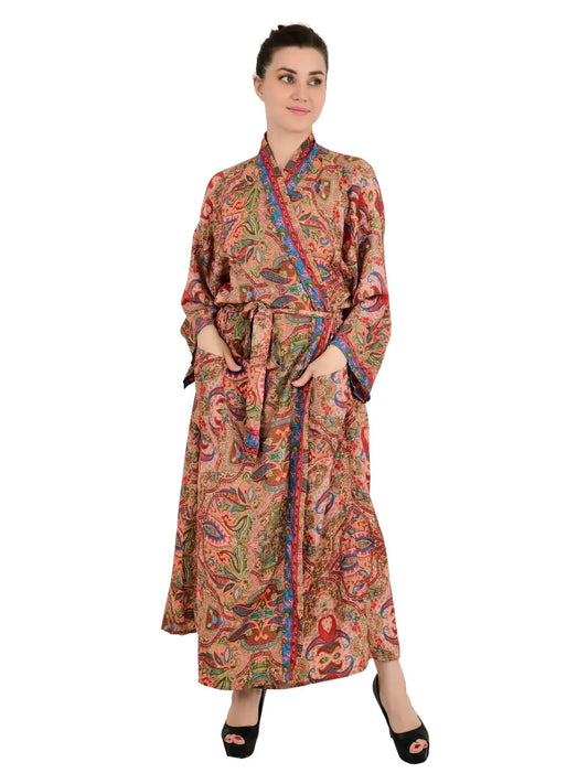 Boho Neuer Seiden-Sari-Kimono für Damen, Regal House Strandrobe, Rosa Blau Paisley Floral Luxus Jahrestag Geburtstagsgeschenk für Sie