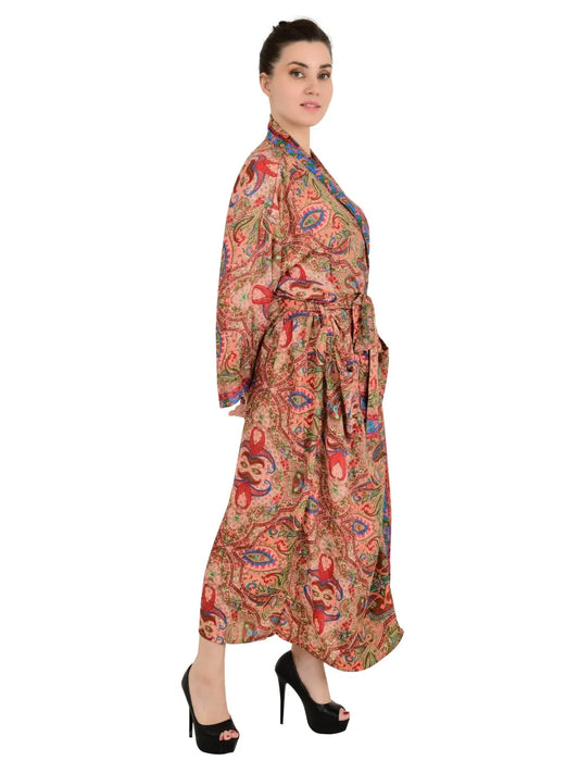 Bohemian New Silk Sari Kimono Women Regal House Beach Robe | Pink Blue Paisley Floral Luxury Anniversary Birthday Gift For Her