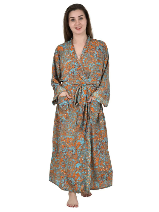 Bohème nouvelle soie Sari Kimono femmes Regal House Robe de plage | Cadeau d'anniversaire de luxe floral orange rose bleu pour elle