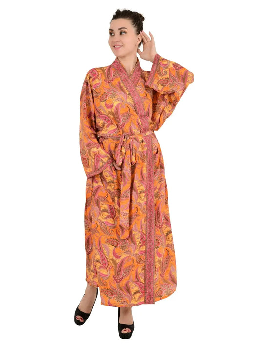 Bohemian New Silk Sari Kimono Women Regal House Beach Robe | Orange Paisley Floral Garden Luxury Anniversary Birthday Gift For Her