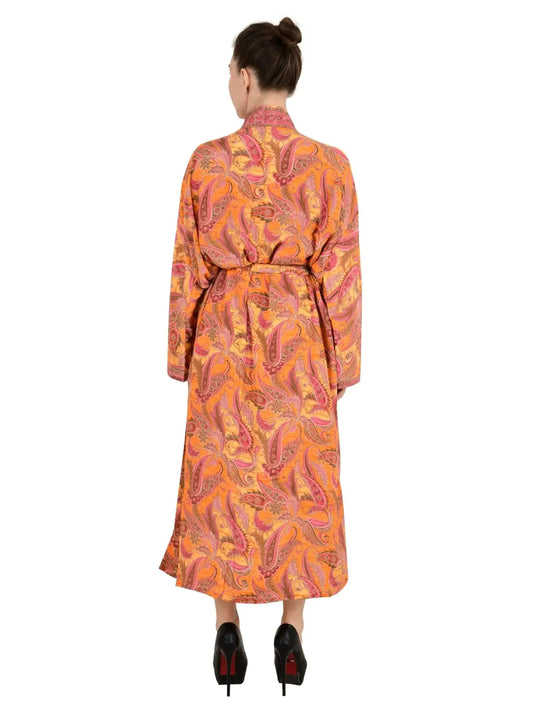 Bohemian New Silk Sari Kimono Women Regal House Beach Robe | Orange Paisley Floral Garden Luxury Anniversary Birthday Gift For Her