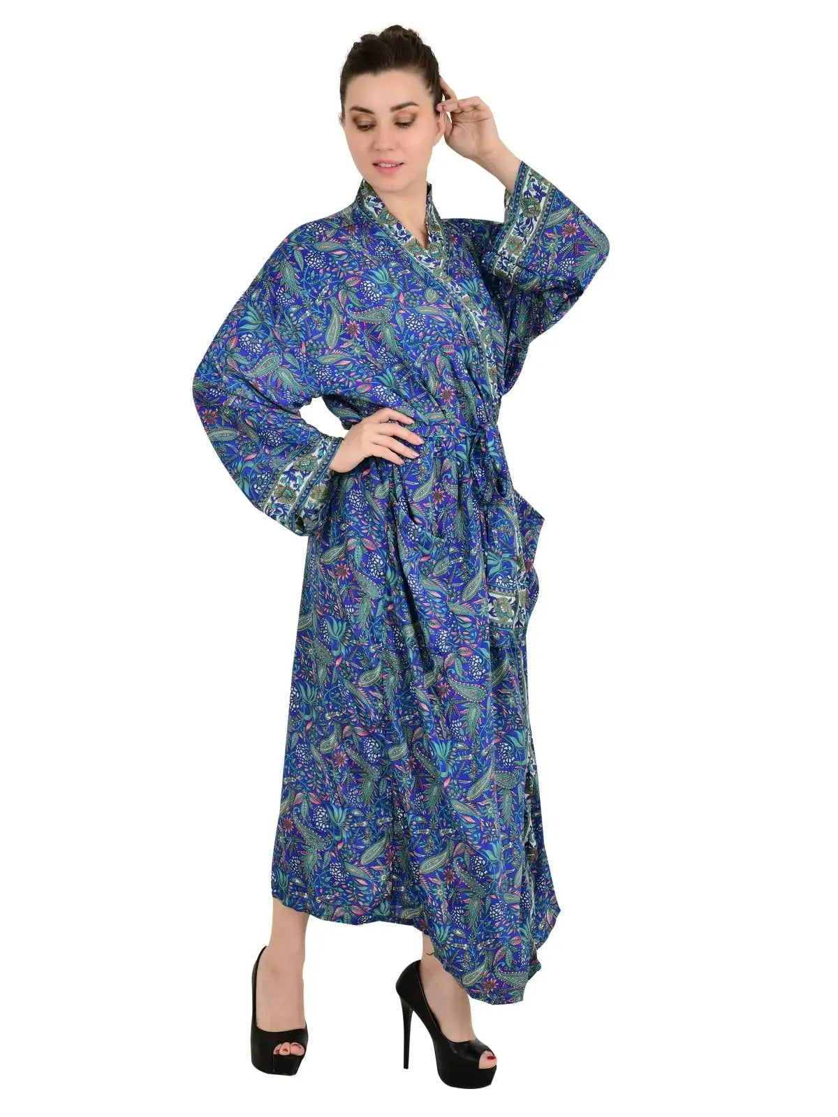 Bohemian New Silk Sari Kimono Women Regal House Beach Robe | Blue Paisley Floral Luxury Anniversary Birthday Gift For Her