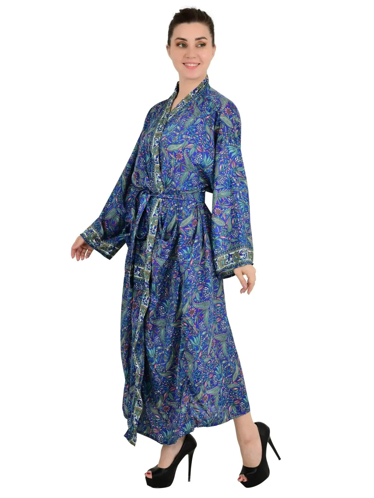 Bohemian New Silk Sari Kimono Women Regal House Beach Robe | Blue Paisley Floral Luxury Anniversary Birthday Gift For Her