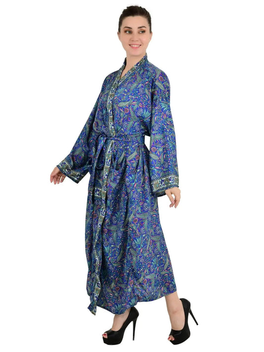 Boho Neuer Seiden-Sari-Kimono für Damen, Regal House Strandrobe, Blaues Paisleymuster, Blumenmuster, Luxus-Jubiläumsgeschenk für Sie