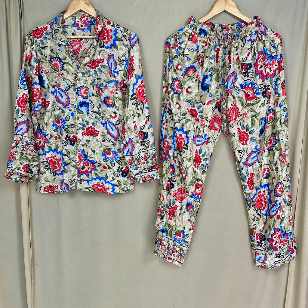 Silk Blend Pajama Set in beige floral