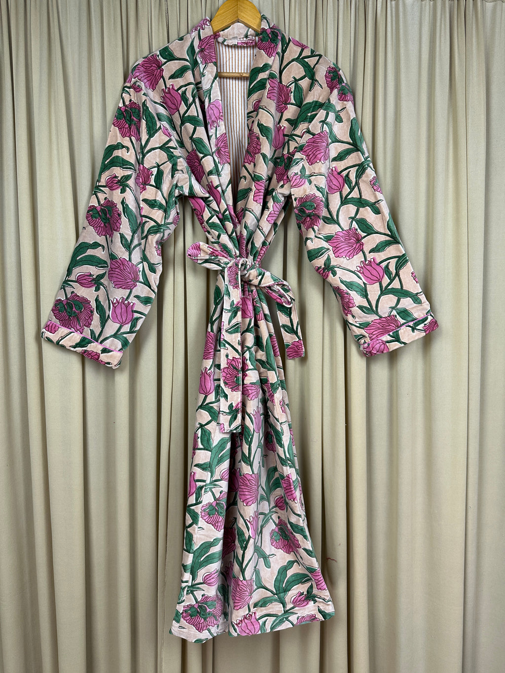 Luxury Velvet Kimono Unisex House Robe | Boho Jacket Autumn Winter Christmas Gift Elegant Reversible Cotton Lined | Quirky Gown Beige Floral