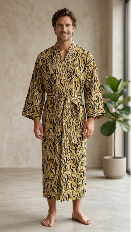 Mens Kimono Robe Cotton Handblock Dress, Indian Printed Man House Robe, Boho Beach Coverup Dressing Gown Lightweight Loungewear Gift For Him