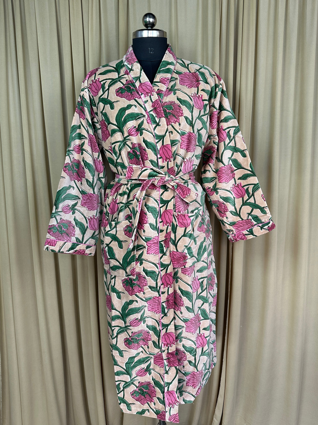 Luxury Velvet Kimono Unisex House Robe | Boho Jacket Autumn Winter Christmas Gift Elegant Reversible Cotton Lined | Quirky Gown Beige Floral