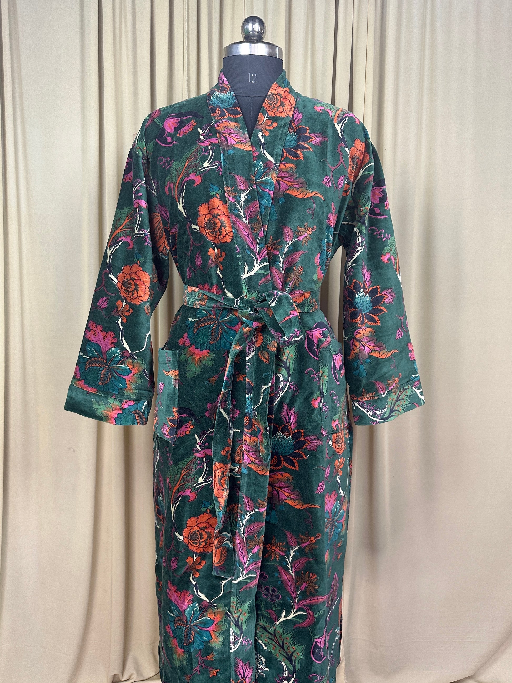 Luxury Velvet Kimono Unisex House Robe | Boho Jacket Autumn Winter Christmas Gift Elegant Reversible Silk Lined | Quirky Gown Green Floral Luxury Velvet Kimono Unisex House Robe | Boho Jacket Autumn Winter Christmas Gift Elegant Reversible Silk Lined | Quirky Gown Green Floral
