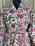 Luxury Velvet Kimono Unisex House Robe | Boho Jacket Autumn Winter Christmas Gift Elegant Reversible Cotton Lined | Quirky Gown Beige Floral