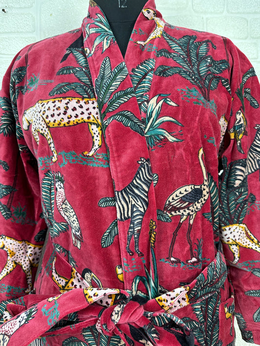 Luxury Velvet Kimono Robe: Reversible Silk-Lined Animal Print